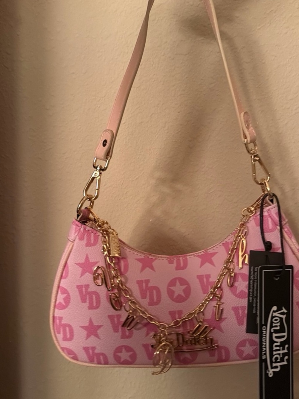 Von Dutch Pink Logo Charm Chain Shoulder Bag